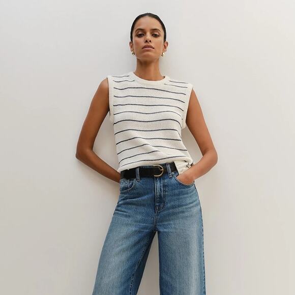 NWT Madewell Puff-Trim Sweater Vest in Stripe Bright Ivory Size Small S - Picture 4 of 9